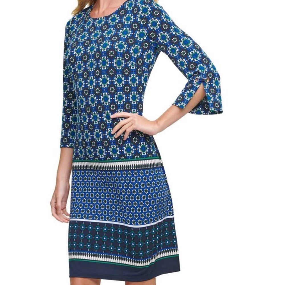 Tommy Hilfiger | Navy & Blue Geometric Slit-Sleeve Sheath Dress - Women Sz 12